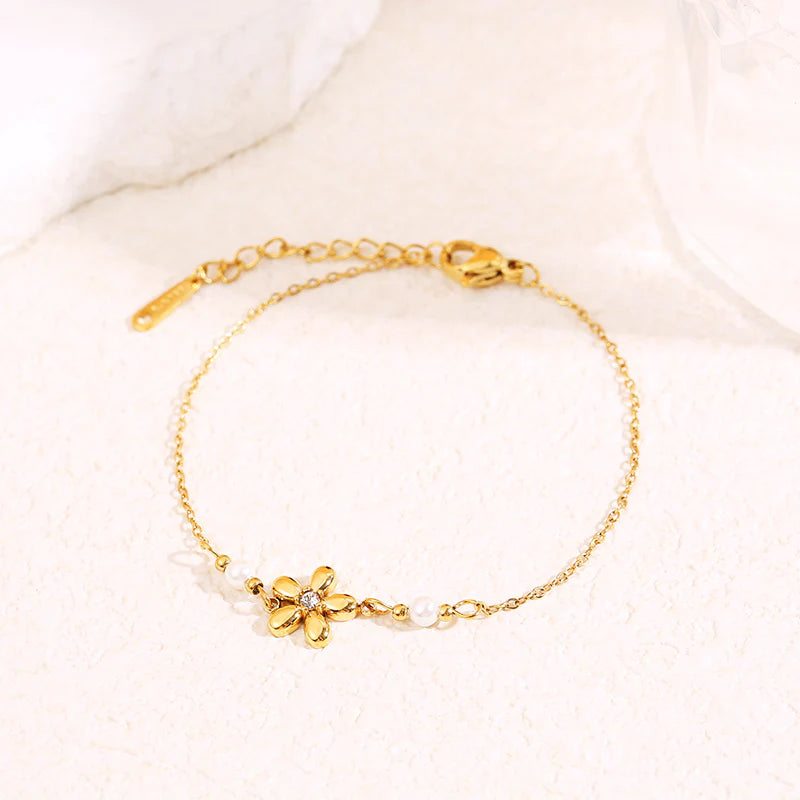 Bracelet Pendentif Fleur Encadré Par 2 Perles